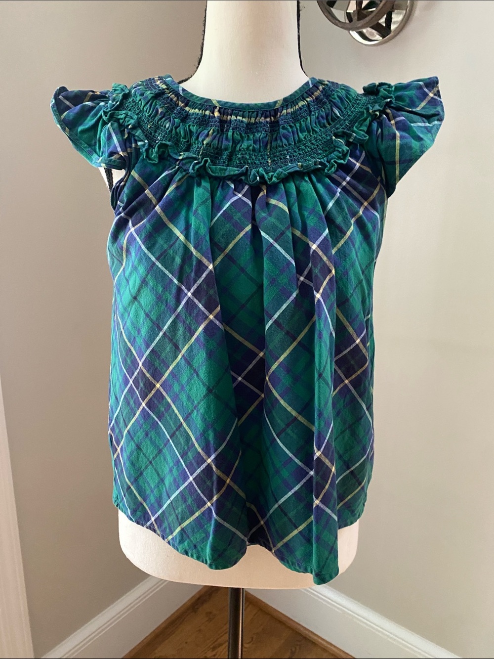 Janie and Jack size 16 smocked flutter sleeve green and navy plaid top lined